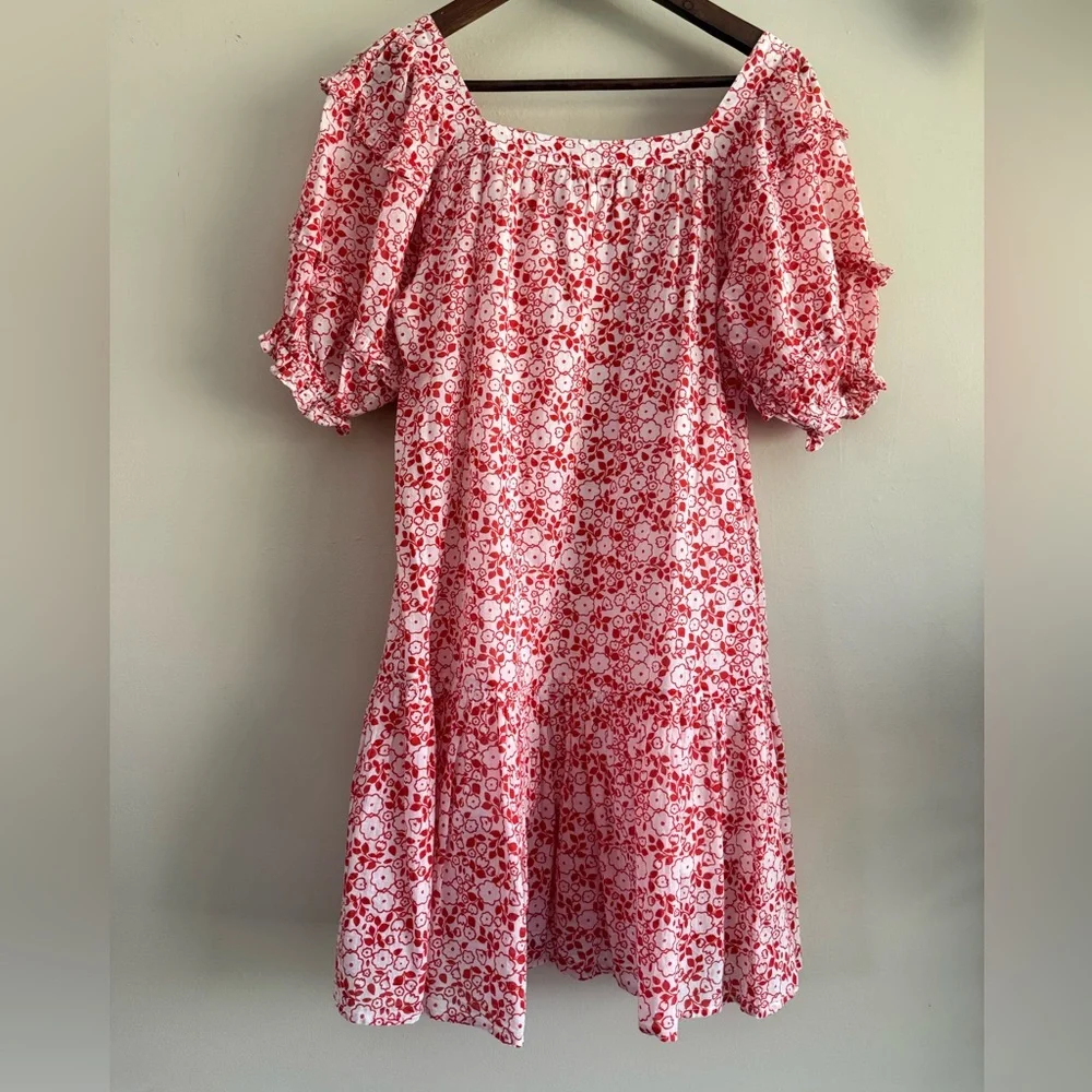 Red & White Floral‎ Square Neck Puff Sleeve Cotton Dress size Small - Picture 3 of 10